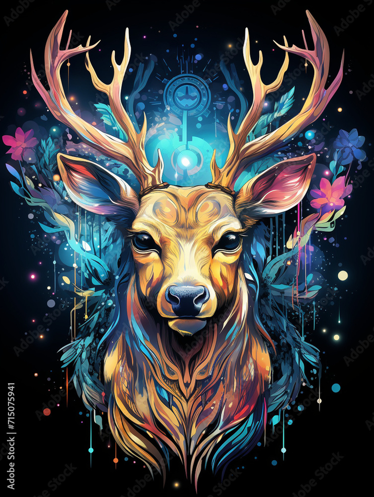 T-shirt design, Picture a magnificent and fantastical deer with a coat of brilliant, iridescent colors that shimmer and shift like a living rainbow created with Generative Ai
