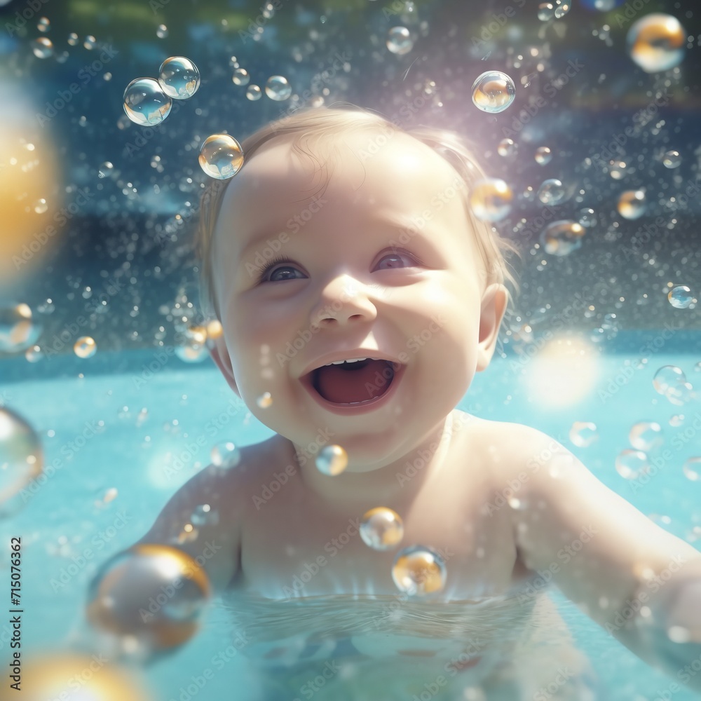 Happy Baby Playing in Swimming Pool During Summer