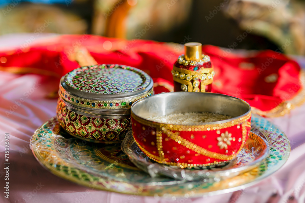 Indian Punjabi Sikh Maiyan pre wedding ceremony  ritual items close up