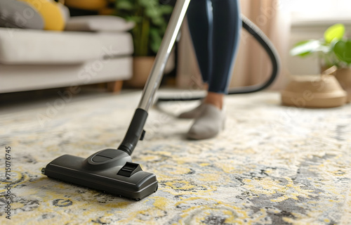 person vacuuming and cleaning a carpeting