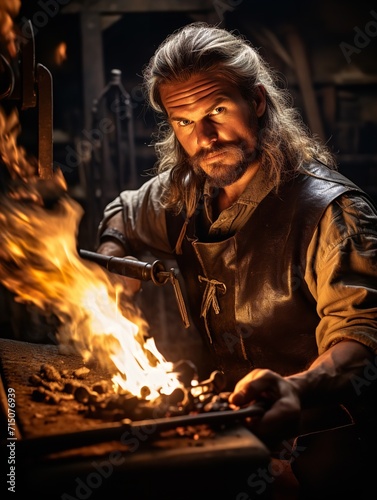 Master Male Blacksmith Forging Metal, AI Generated