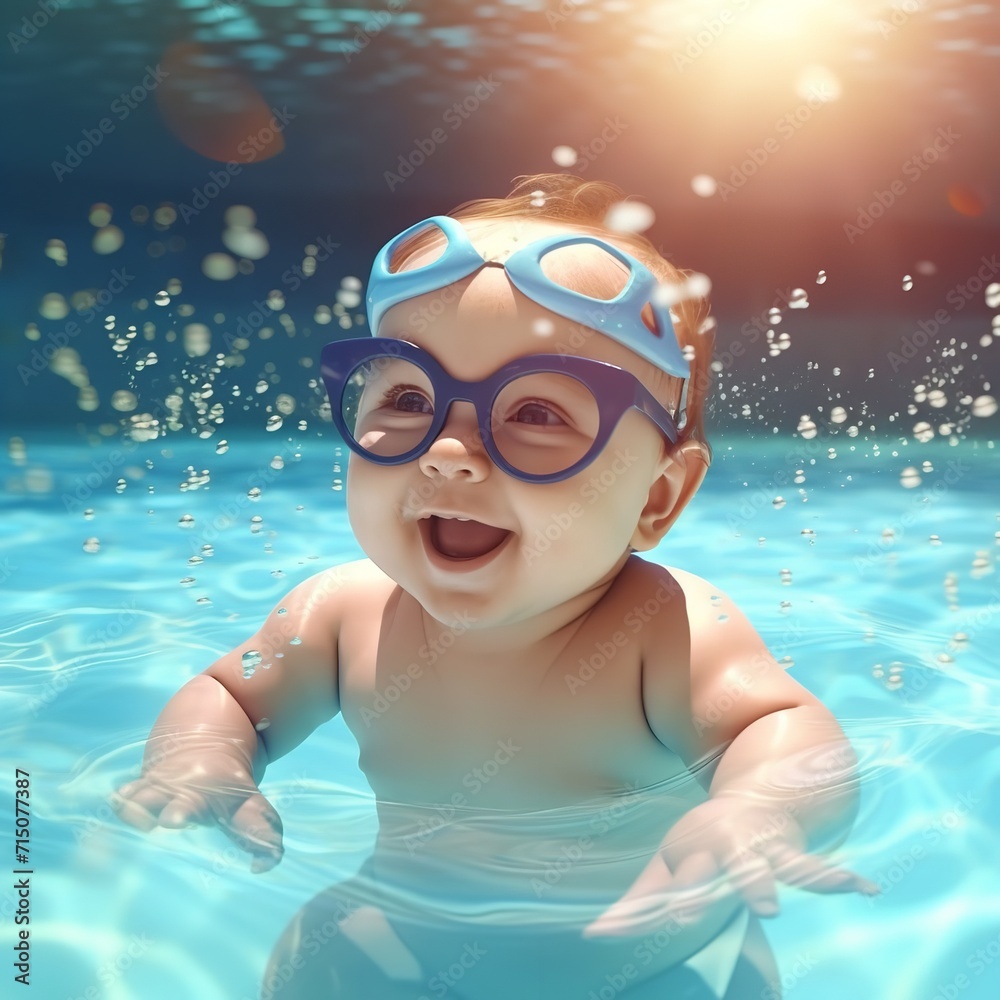 Happy Baby Playing in Swimming Pool During Summer