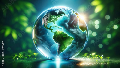 The earth as a glass sphere in a green environment 