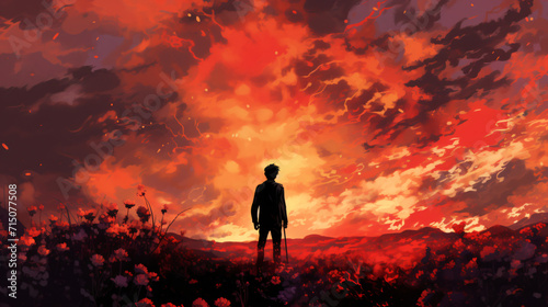 A man standing on a field of flowers in sunset