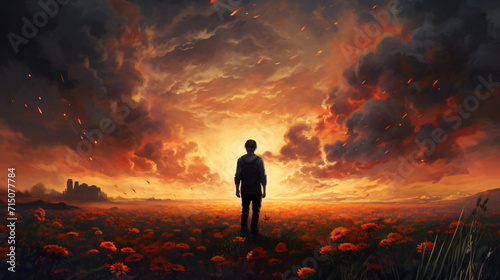 A man standing on a field of flowers in sunset © enshal