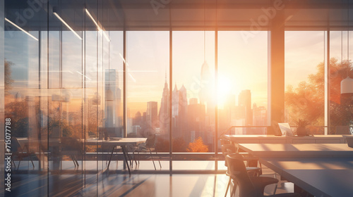 Beautiful blurred room of a light modern office interior with panoramic windows and beautiful lighting  