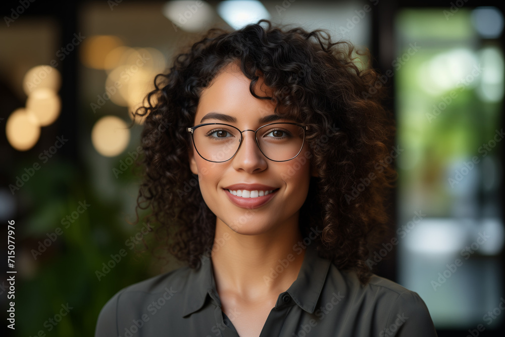 A woman with curly hair and glasses standing in a business office. A woman with curly hair and glasses standing in a business office.