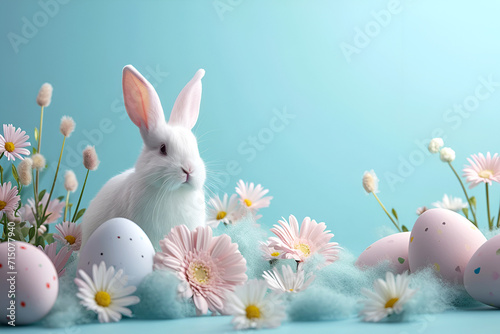 Easter greeting card, Easter bunny on a blue background.