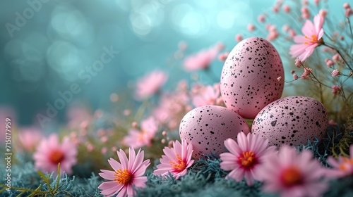 Beautiful postcard with easter decoration and painted colorful easter eggs. Banner