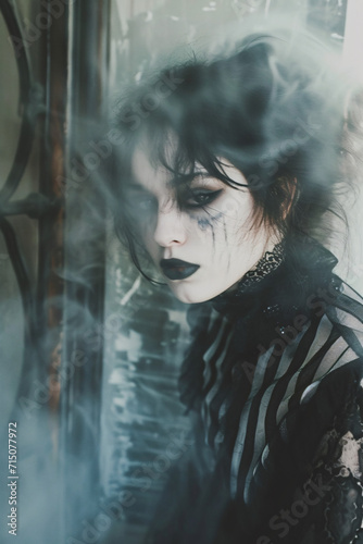 Gothic woman with smoky makeup in a mysterious atmosphere. Dark aesthetic and alternative fashion concept. Design for print, poster. Dramatic portrait with a moody vibe 