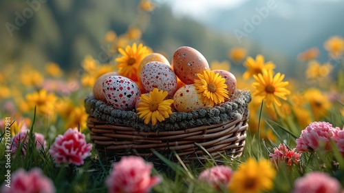 Basket of easter eggs on green grass at sunny day