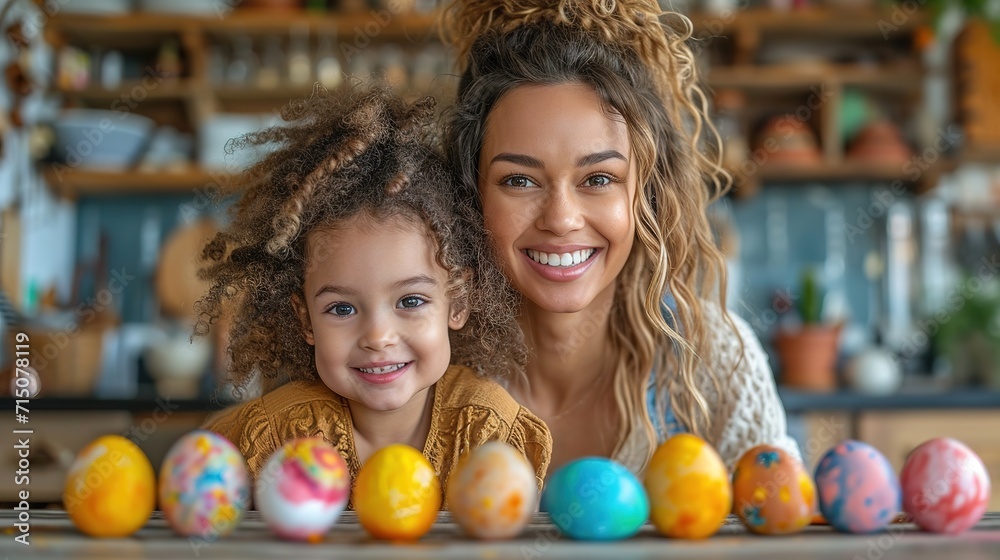 Mother and her daughter painting eggs. Happy family preparing for Easter Mother and her daughter painting eggs. Happy family preparing for Easter
