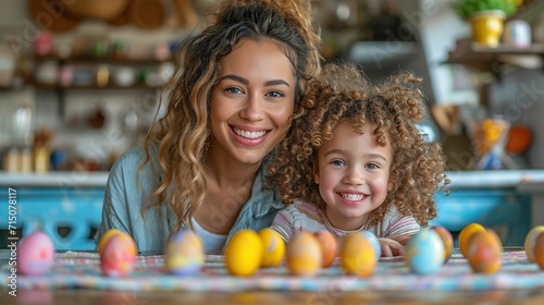 Mother and her daughter painting eggs. Happy family preparing for Easter