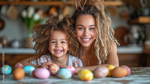 Mother and her daughter painting eggs. Happy family preparing for Easter