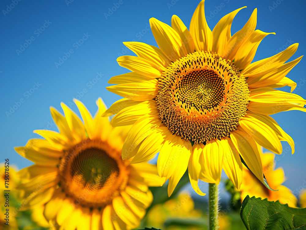 Obraz premium Vibrant sunflowers against a clear blue sky. Summer bloom and agricultural concept. Design for poster, print, wallpaper. Close-up with selective focus 