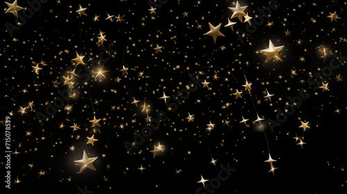 Particules et étoiles scintillantes et brillantes volant sur fond sombre, noir. Lumière, étoile, paillette dorée et flou. Cosmos, univers, espace. Fond pour bannière, conception et création graphique. photo