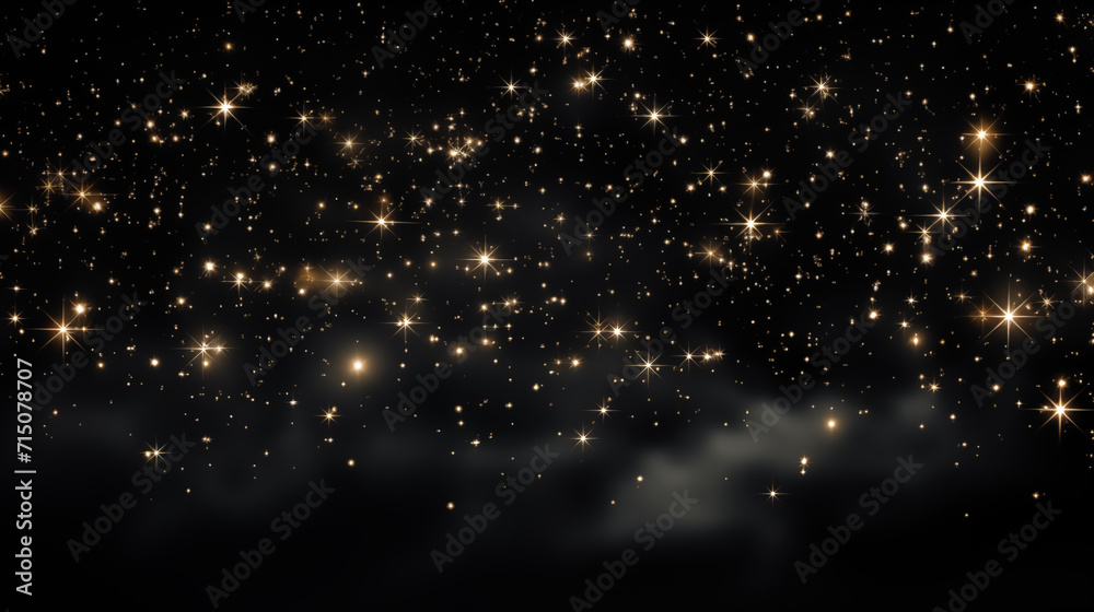 Particules et étoiles scintillantes et brillantes volant sur fond sombre, noir. Lumière, étoile, paillette dorée et flou. Cosmos, univers, espace. Fond pour bannière, conception et création graphique. - obrazy, fototapety, plakaty 