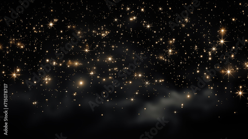 Particules et étoiles scintillantes et brillantes volant sur fond sombre, noir. Lumière, étoile, paillette dorée et flou. Cosmos, univers, espace. Fond pour bannière, conception et création graphique. photo
