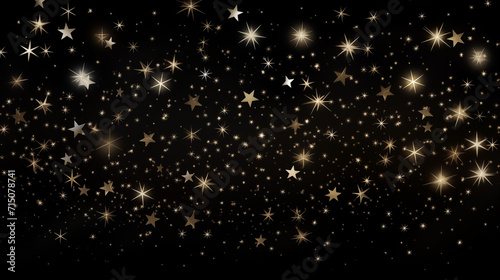 Particules et étoiles scintillantes et brillantes volant sur fond sombre, noir. Lumière, étoile, paillette dorée et flou. Cosmos, univers, espace. Fond pour bannière, conception et création graphique. © FlyStun