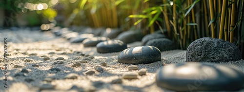 Tranquil Zen Garden Pathway Lined With Smooth Stones at Dusk