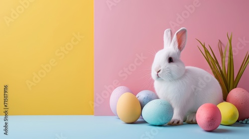 Cute fluffy bunny with colorful Easter eggs on colorful background in pastel colors. holy easter day.