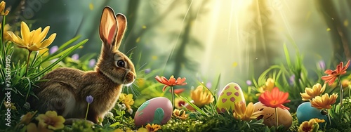 Easter - Cute bunny in a sunny garden with spring flowers and decorated eggs. easter background. easter background. photo