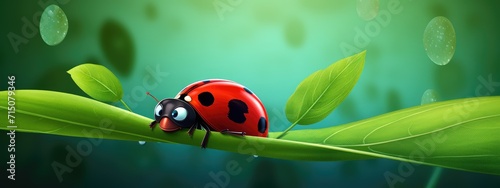 A ladybug crawling on a green leaf with dewdrops. close-up of an insect.