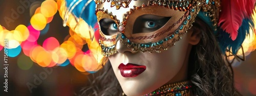 Venetian carnival show. Woman in a charming colorful mask on the eyes. prasnechny masquerade.