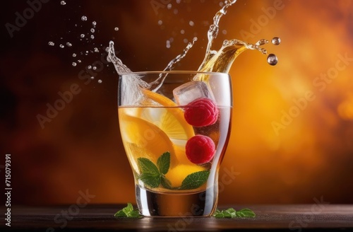 summer cocktail with fruits, soft drink with ice, alcoholic cocktail with orange and raspberry, bar counter, International Bartenders Day