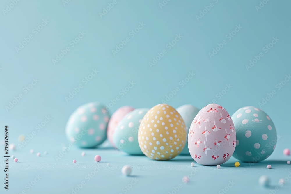 Multicolored easter eggs on a clear blue background. tiffany color. copy space.