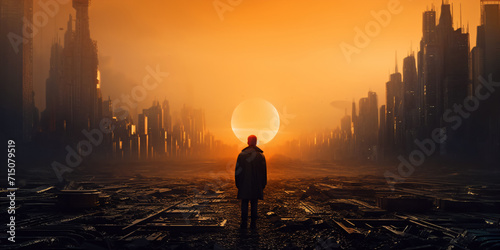 a lonely man looks at a dystopian futuristic city photo