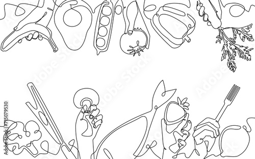 Top and bottom pattern  with Food and Utensils. One line art Style. Background on cooking theme. Can be also yused like vector Frame, Banner, Flyer, graphic Border.