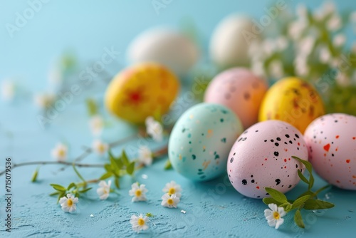 Background Easter eggs and flowering plants on a clean background. pastel colors.