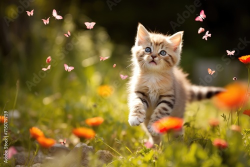 Cute playful kitten on green grass outdoors catching butterflies. Children's pet.
