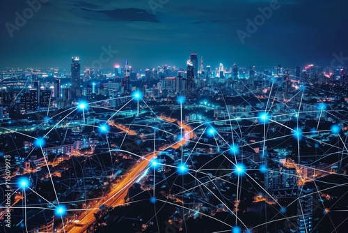 network communication or distribution concept  connection line from central point over night city