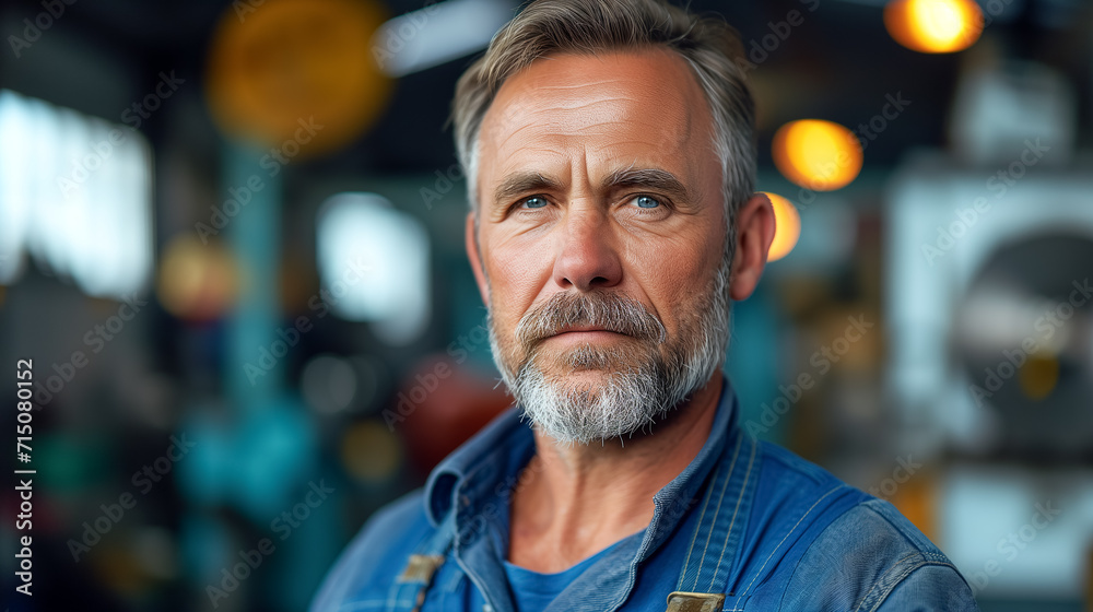 Сlose-up portrait of auto mechanic in blue overalls in garage. Сlose-up portrait of auto mechanic in blue overalls in garage.