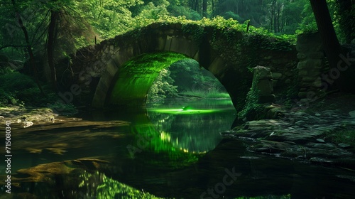 A green LED light emanating from beneath the water  casting a natural  soothing glow on the stone bridge  reminiscent of an enchanted forest.