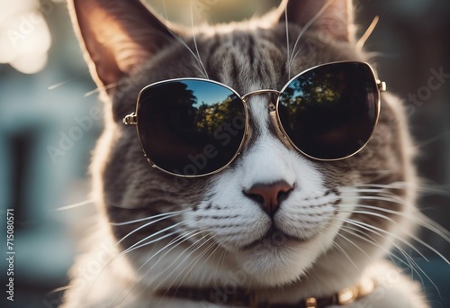 Cute face or head of cat wearing sunglasses close up