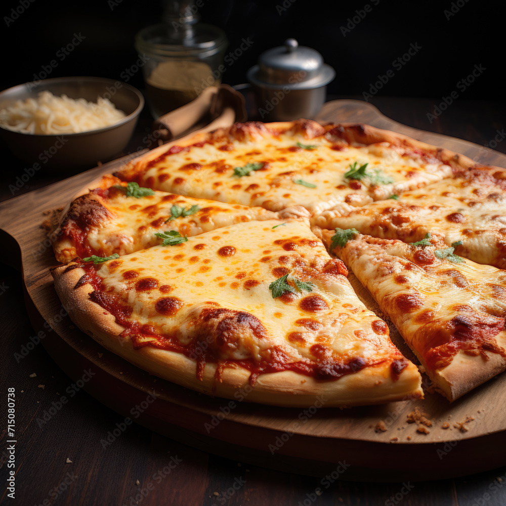 Fresh hot pizza with cheese on the table in a pizzeria Fresh hot pizza with cheese on the table in a pizzeria
