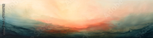 Abstract watercolor landscape with warm sunrise colors. Panoramic painting for tranquil atmosphere and modern art concept 