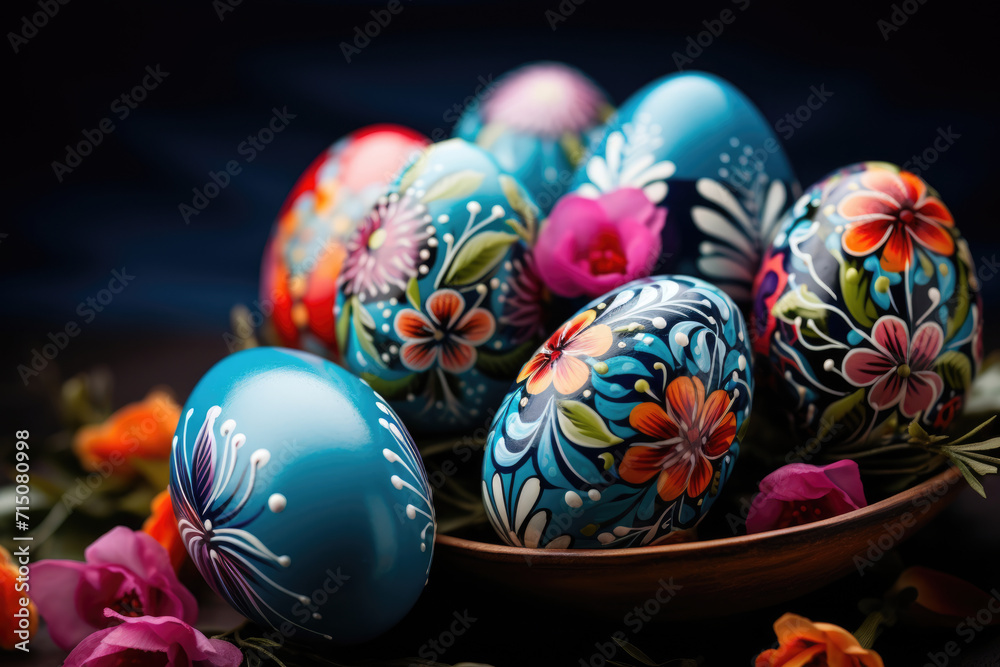 Fototapeta premium Hand painted Easter eggs on a plate