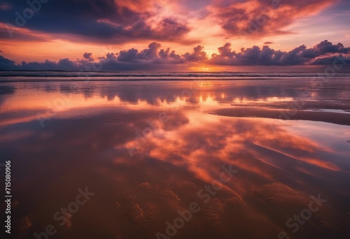 A stunning image of a vibrant sunset with neon color clouds reflected on the wet sand during low tide on beach