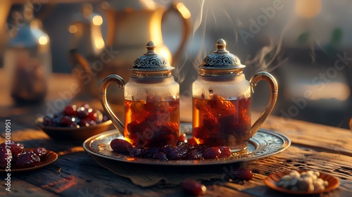 Tea in a glass teapot and cup on a wooden table.
