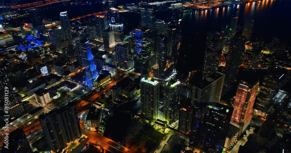 Lively panorama of Miami downtown, Florida, USA. Top view on the city at night.