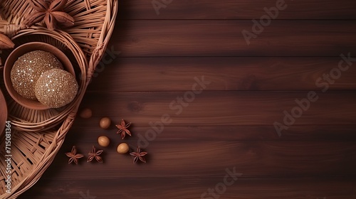 Easter eggs in a basket on a wooden background with space for text