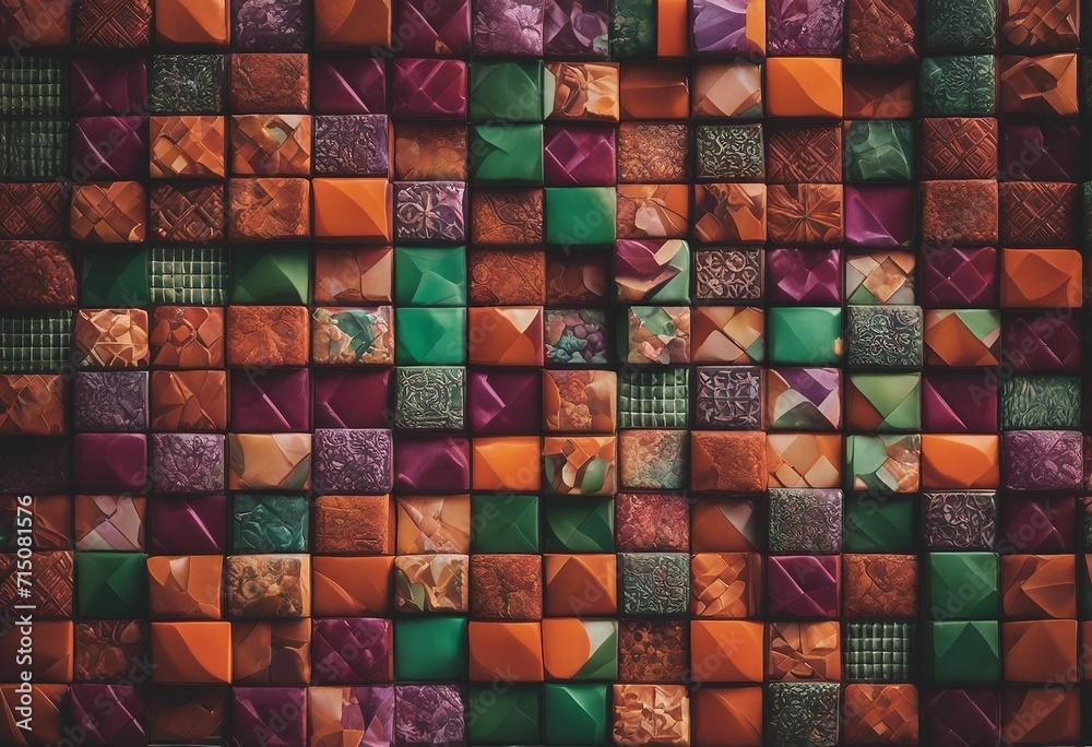 Collage of Small Colorful Patterned Tiles in Red Green Orange and Purple Tile Collage of Small Colorful Patterned Tiles in Red Green Orange and Purple Tile