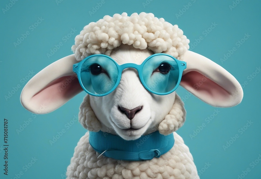 Cute sheep with blue glasses looking directly to the viewer isolated blue background
