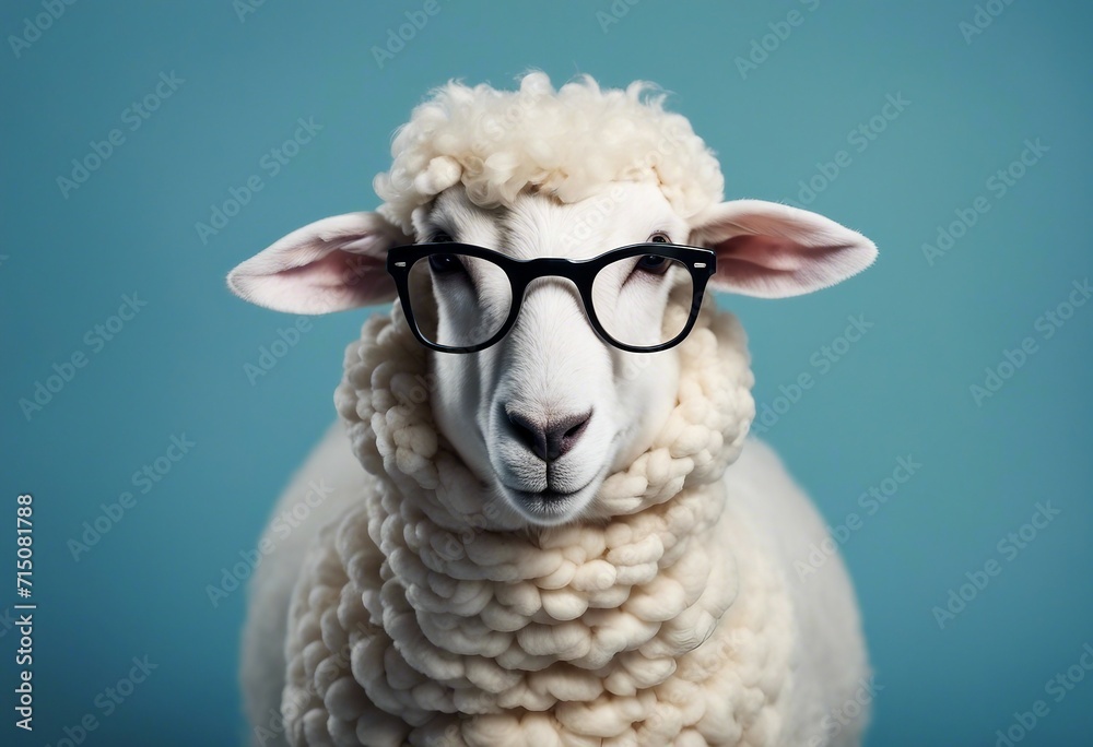 Cute Sheep with Black Glasses Isolated on a Light Blue Background Cute Sheep with Black Glasses Isolated on a Light Blue Background