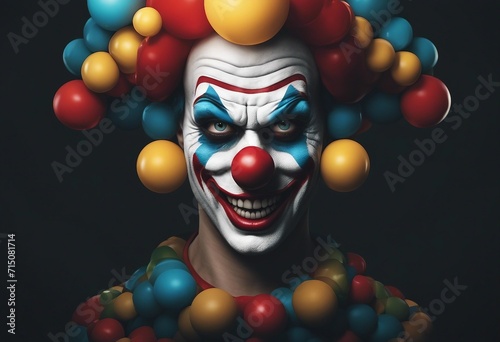 Creepy clown with colorful balls instead of hair