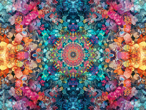 Colorful kaleidoscope floral pattern. Psychedelic abstract background for artistic design and vibrant wallpaper concept 